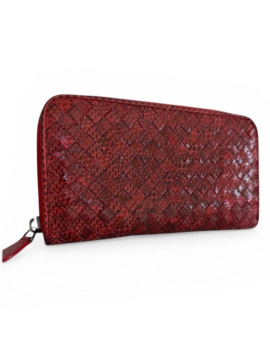 Bottega Veneta Handbags - Bottega Veneta Intrecciato Python Zip Around Wallet Red Exotic Leather Box Dusty
